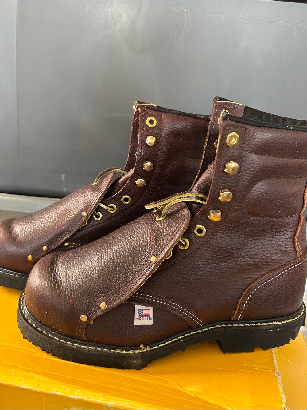 Men's Brown Leather Work Boots with Gold Hardware